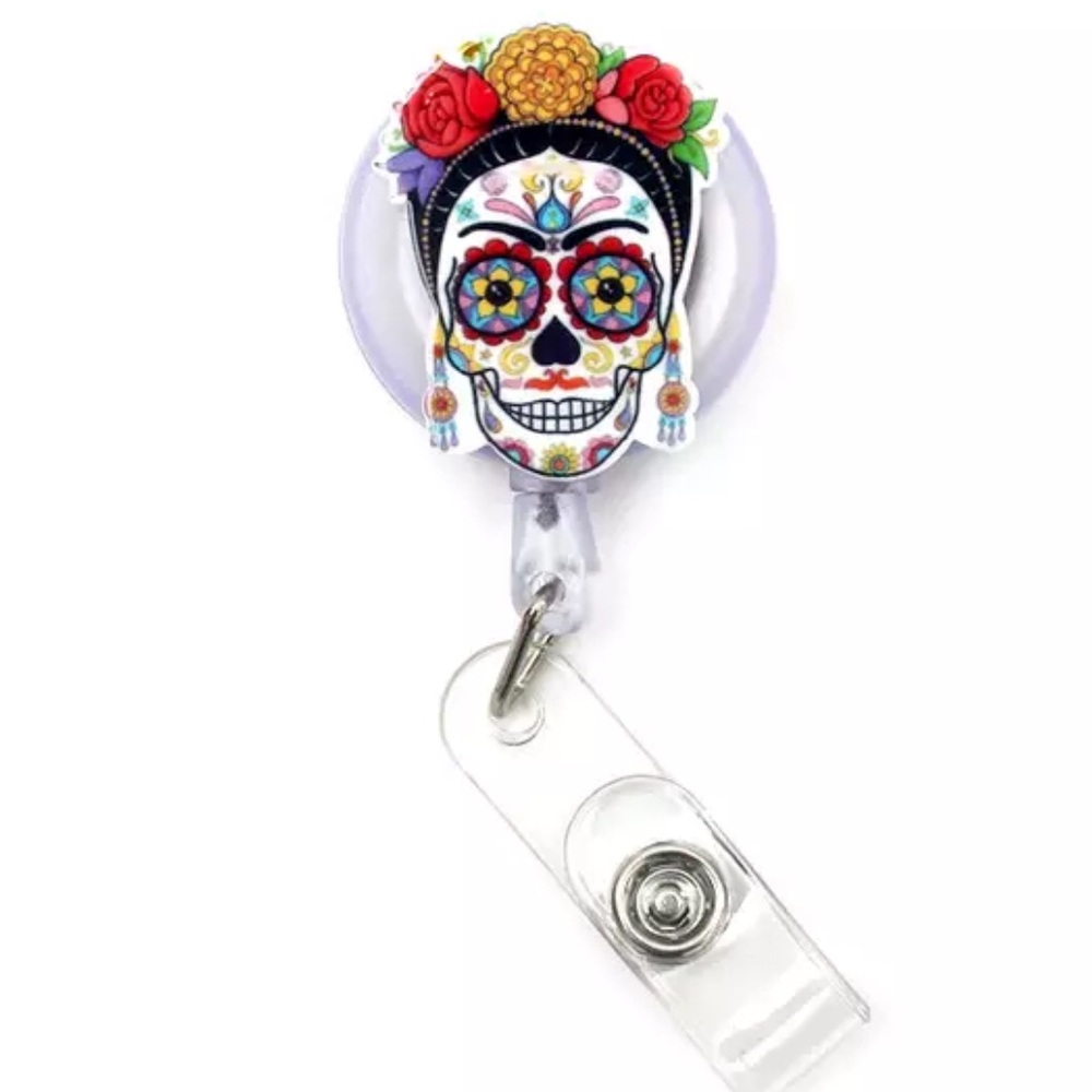 Day Of The Dead Decorated Retractable Badge Holder